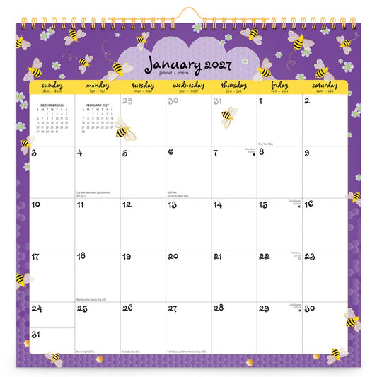 Busy Bees | 2027 12 x 12 Inch (Hanging) Monthly Square Wire-O Calendar | Sticker Sheet