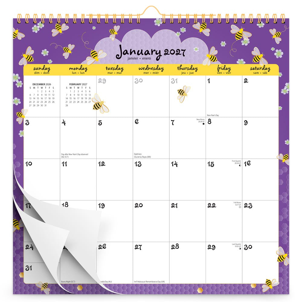 Busy Bees | 2027 12 x 12 Inch (Hanging) Monthly Square Wire-O Calendar | Sticker Sheet