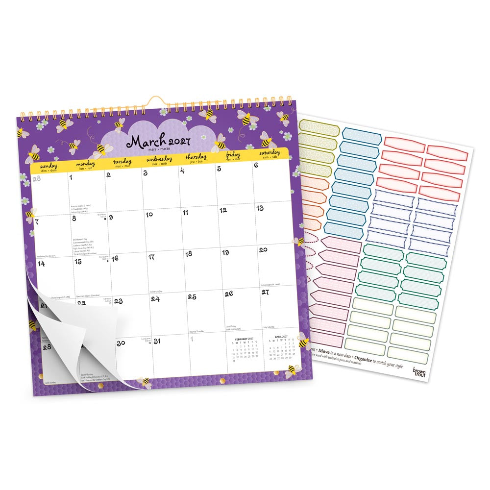 Busy Bees | 2027 12 x 12 Inch (Hanging) Monthly Square Wire-O Calendar | Sticker Sheet