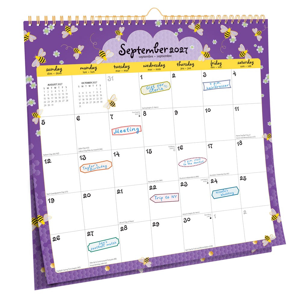 Busy Bees | 2027 12 x 12 Inch (Hanging) Monthly Square Wire-O Calendar | Sticker Sheet