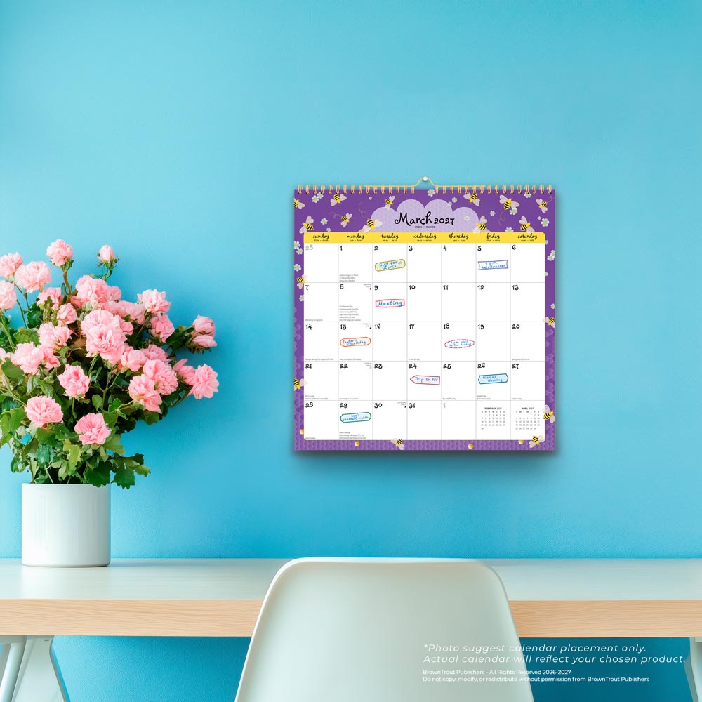 Busy Bees | 2027 12 x 12 Inch (Hanging) Monthly Square Wire-O Calendar | Sticker Sheet