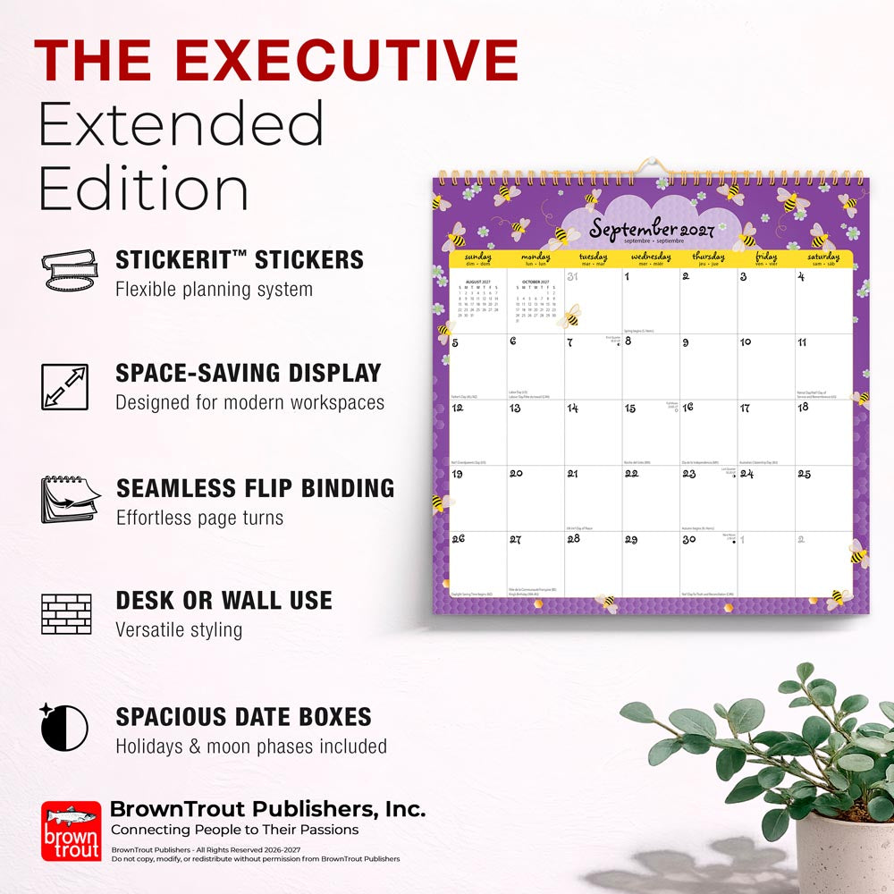 Busy Bees | 2027 12 x 12 Inch (Hanging) Monthly Square Wire-O Calendar | Sticker Sheet