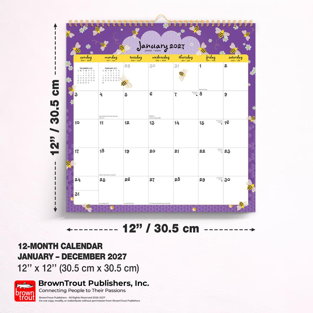 Busy Bees | 2027 12 x 12 Inch (Hanging) Monthly Square Wire-O Calendar | Sticker Sheet