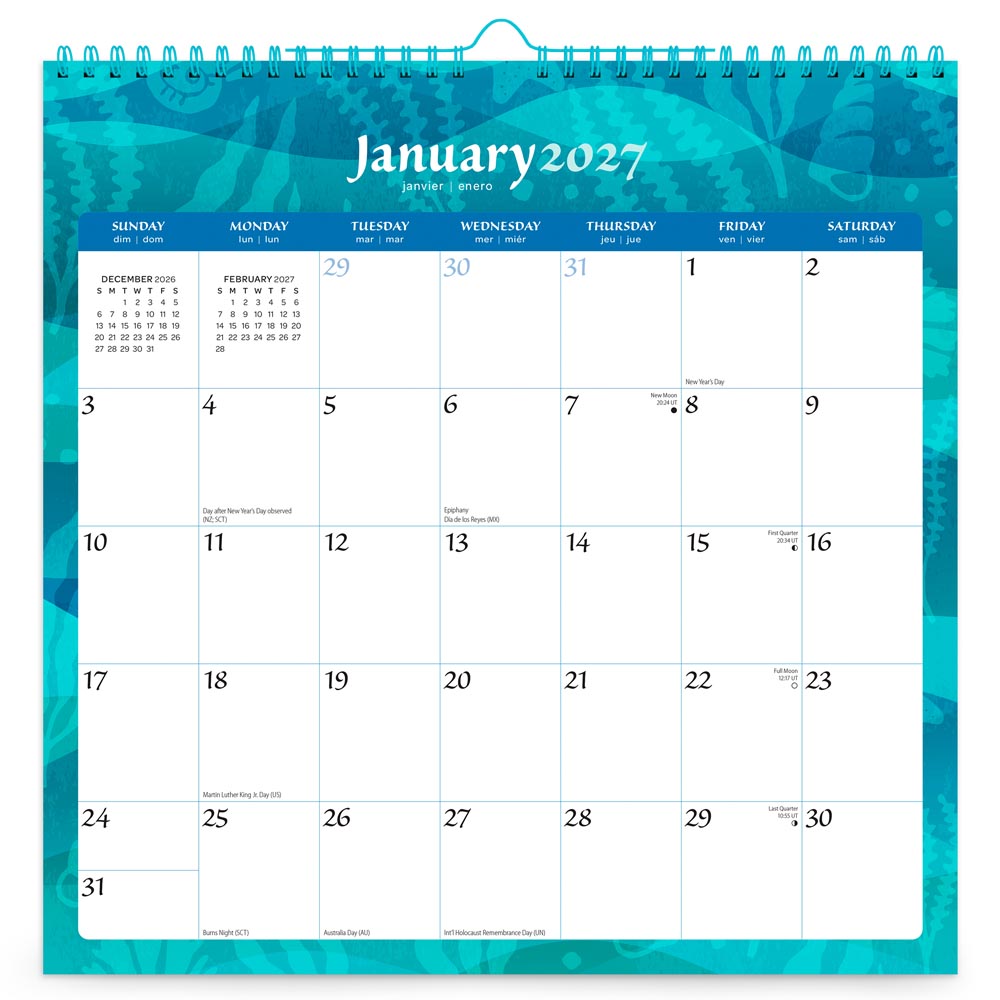 Seaside Currents | 2027 12 x 12 Inch (Hanging) Monthly Square Wire-O Calendar | Sticker Sheet