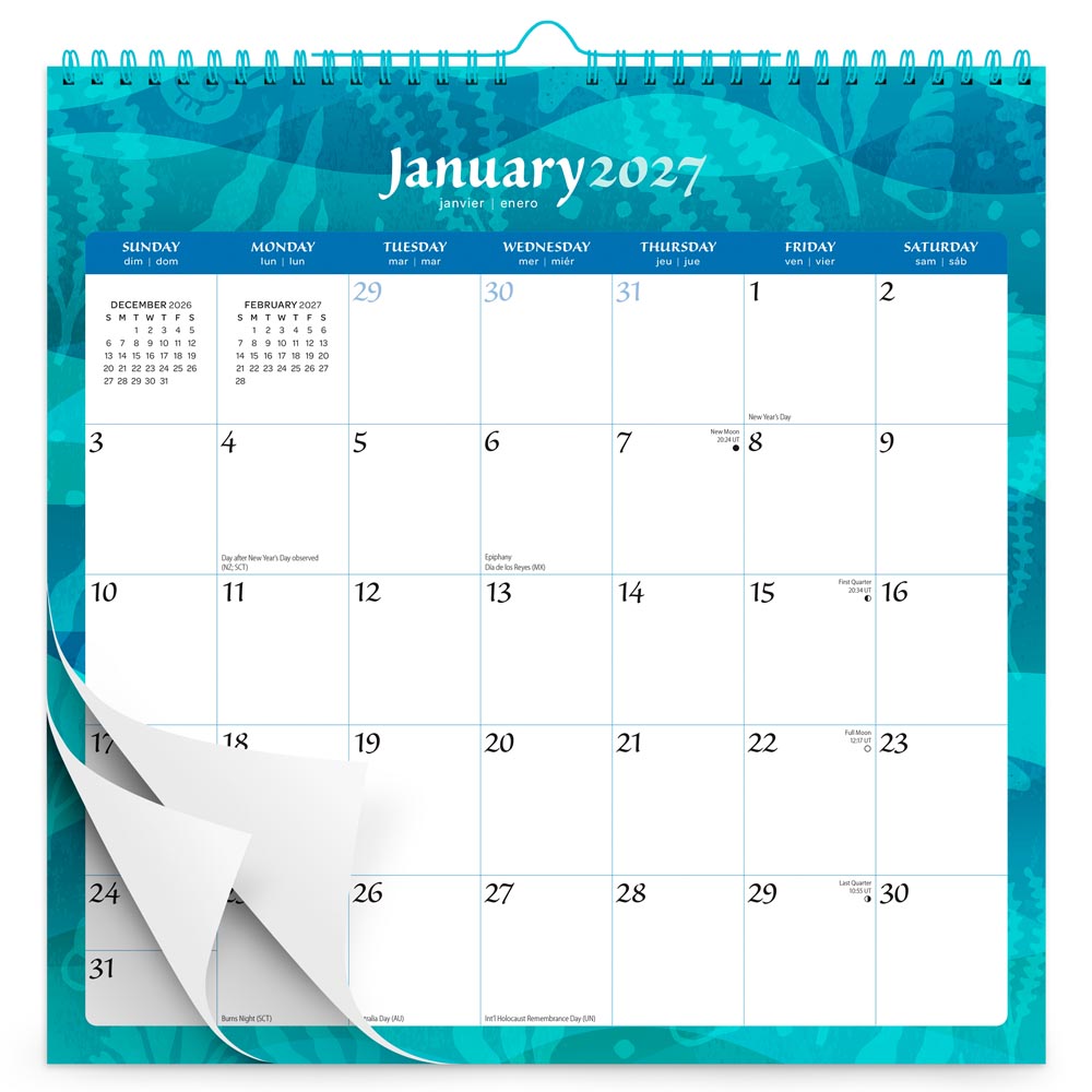 Seaside Currents | 2027 12 x 12 Inch (Hanging) Monthly Square Wire-O Calendar | Sticker Sheet