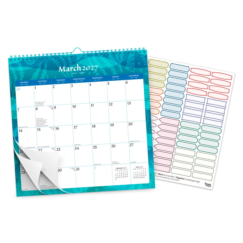 Seaside Currents | 2027 12 x 12 Inch (Hanging) Monthly Square Wire-O Calendar | Sticker Sheet
