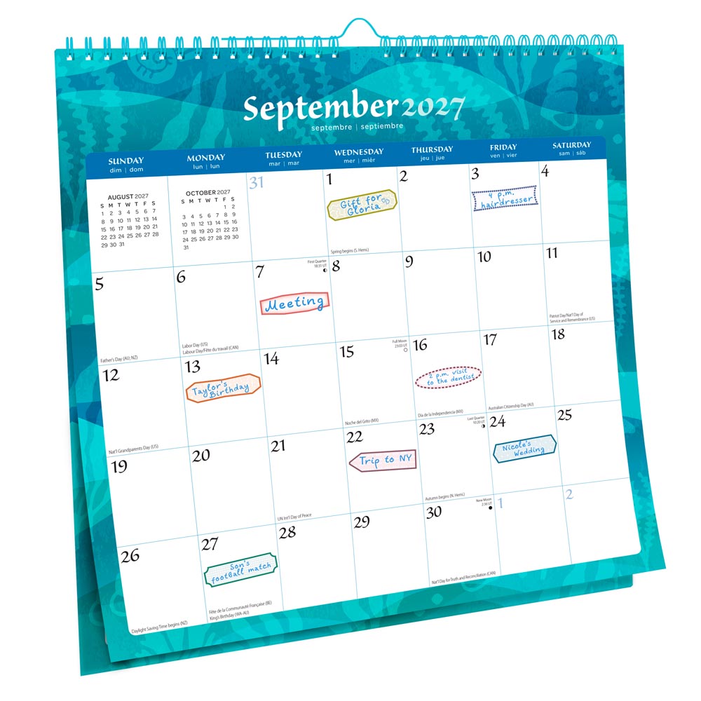 Seaside Currents | 2027 12 x 12 Inch (Hanging) Monthly Square Wire-O Calendar | Sticker Sheet