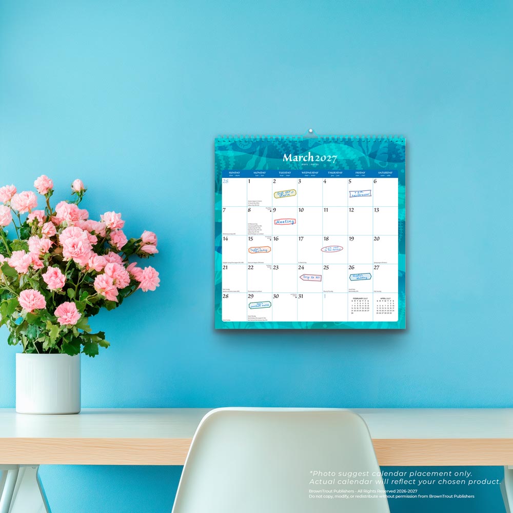 Seaside Currents | 2027 12 x 12 Inch (Hanging) Monthly Square Wire-O Calendar | Sticker Sheet