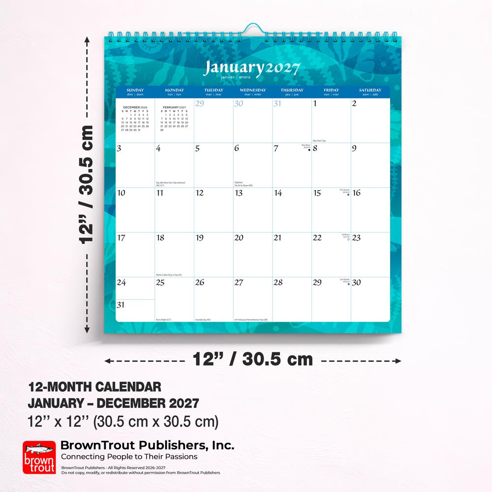 Seaside Currents | 2027 12 x 12 Inch (Hanging) Monthly Square Wire-O Calendar | Sticker Sheet