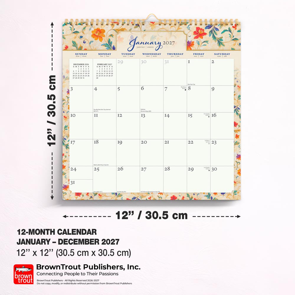 Tuscan Delight | 2027 12 x 12 Inch (Hanging) Monthly Square Wire-O Calendar | Sticker Sheet