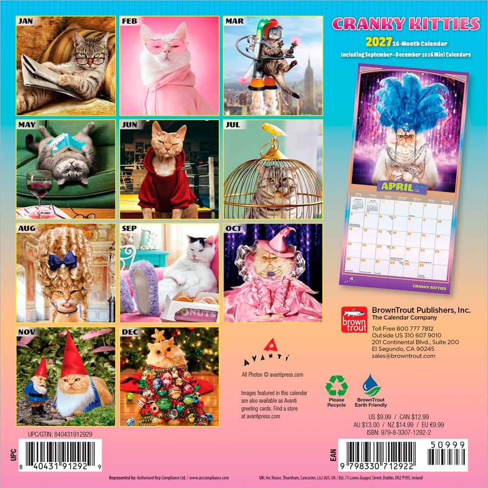 Avanti Cranky Kitties OFFICIAL | 2027 7 x 14 Inch (Hanging) Monthly Mini Wall Calendar