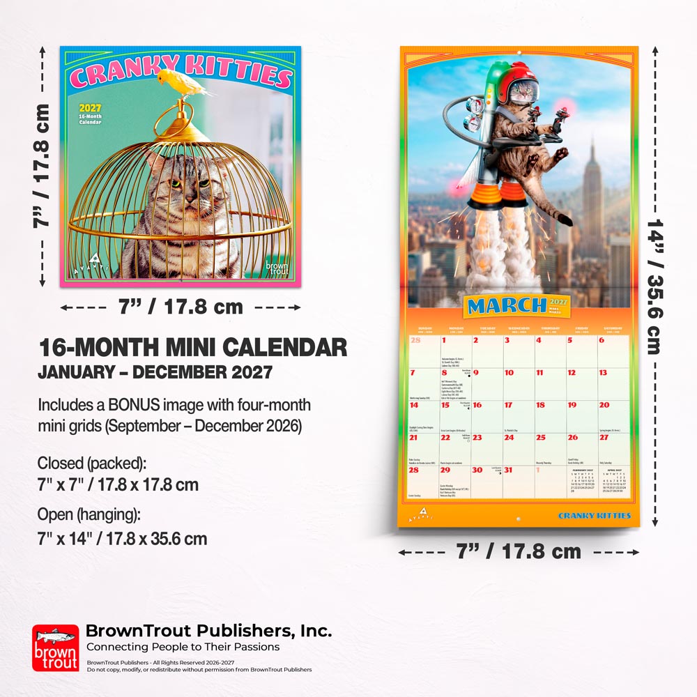Avanti Cranky Kitties OFFICIAL | 2027 7 x 14 Inch (Hanging) Monthly Mini Wall Calendar