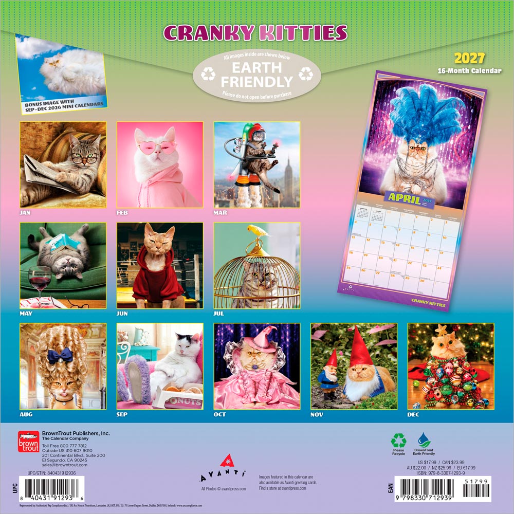 Avanti Cranky Kitties OFFICIAL | 2027 12 x 24 Inch (Hanging) Monthly Square Wall Calendar | Foil Stamped Cover