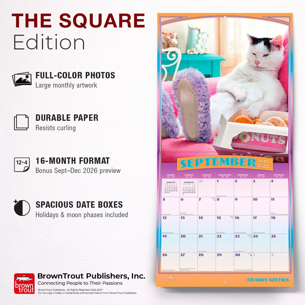 Avanti Cranky Kitties OFFICIAL | 2027 12 x 24 Inch (Hanging) Monthly Square Wall Calendar | Foil Stamped Cover