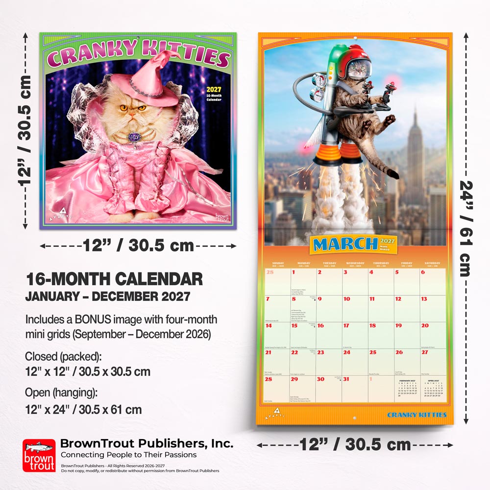 Avanti Cranky Kitties OFFICIAL | 2027 12 x 24 Inch (Hanging) Monthly Square Wall Calendar | Foil Stamped Cover