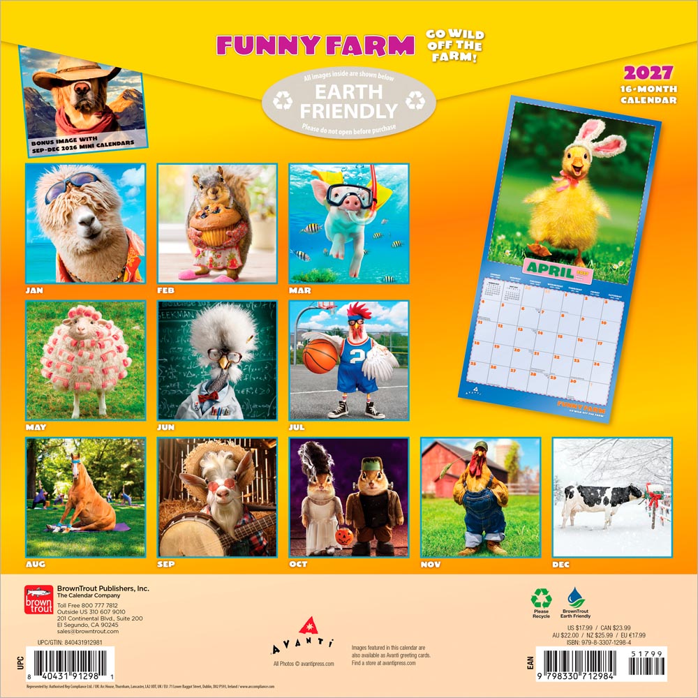 Avanti Funny Farm OFFICIAL | 2027 12 x 24 Inch (Hanging) Monthly Square Wall Calendar | Foil Stamped Cover