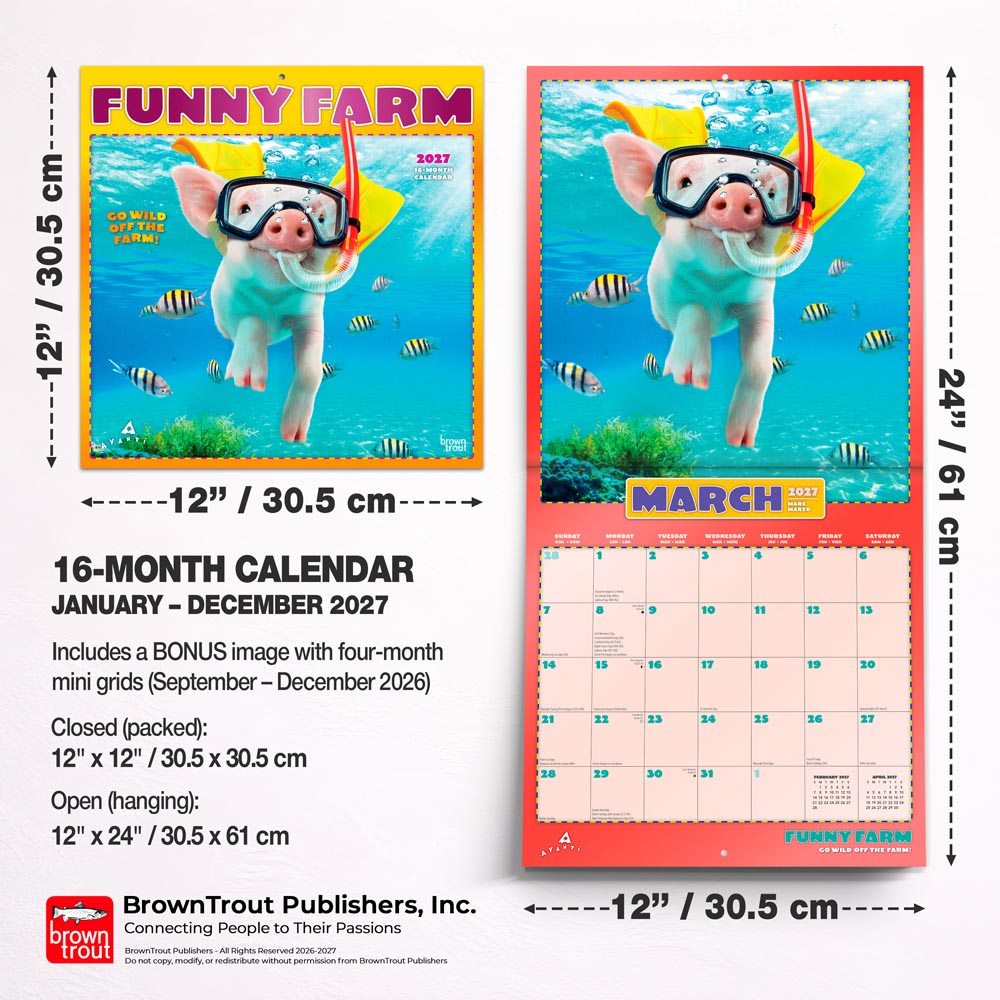Avanti Funny Farm OFFICIAL | 2027 12 x 24 Inch (Hanging) Monthly Square Wall Calendar | Foil Stamped Cover