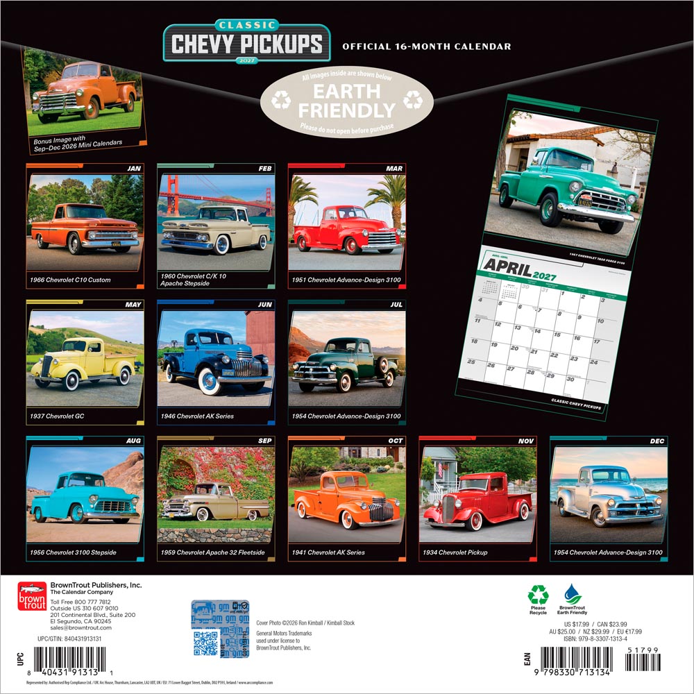 Classic Chevy Pickups OFFICIAL | 2027 12 x 24 Inch (Hanging) Monthly Square Wall Calendar | Foil Stamped Cover