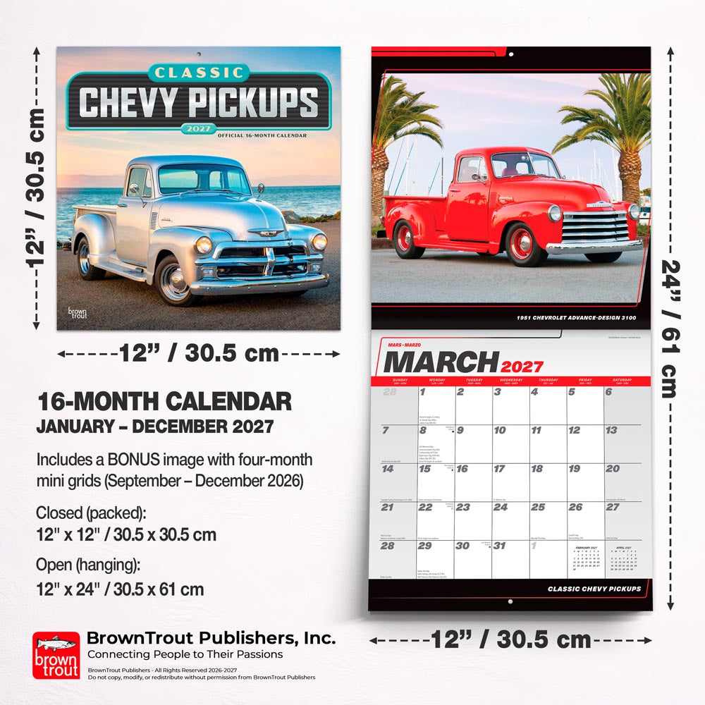 Classic Chevy Pickups OFFICIAL | 2027 12 x 24 Inch (Hanging) Monthly Square Wall Calendar | Foil Stamped Cover