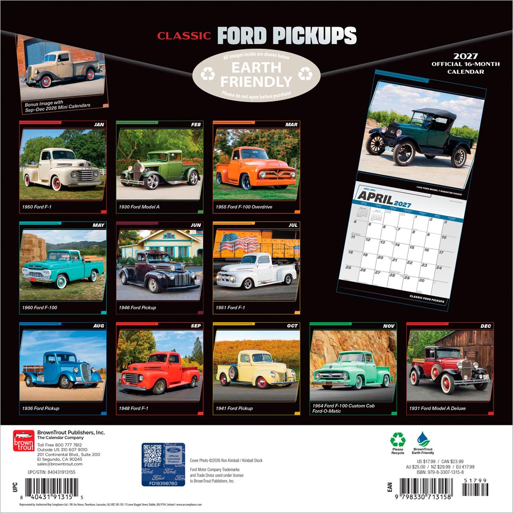 Classic Ford Pickups OFFICIAL | 2027 12 x 24 Inch (Hanging) Monthly Square Wall Calendar | Foil Stamped Cover