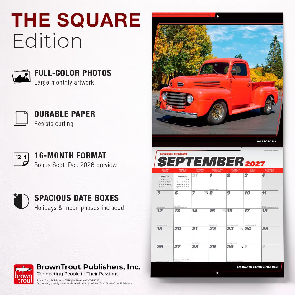 Classic Ford Pickups OFFICIAL | 2027 12 x 24 Inch (Hanging) Monthly Square Wall Calendar | Foil Stamped Cover