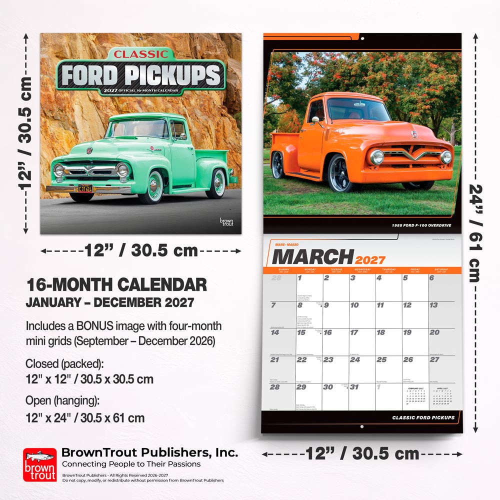 Classic Ford Pickups OFFICIAL | 2027 12 x 24 Inch (Hanging) Monthly Square Wall Calendar | Foil Stamped Cover