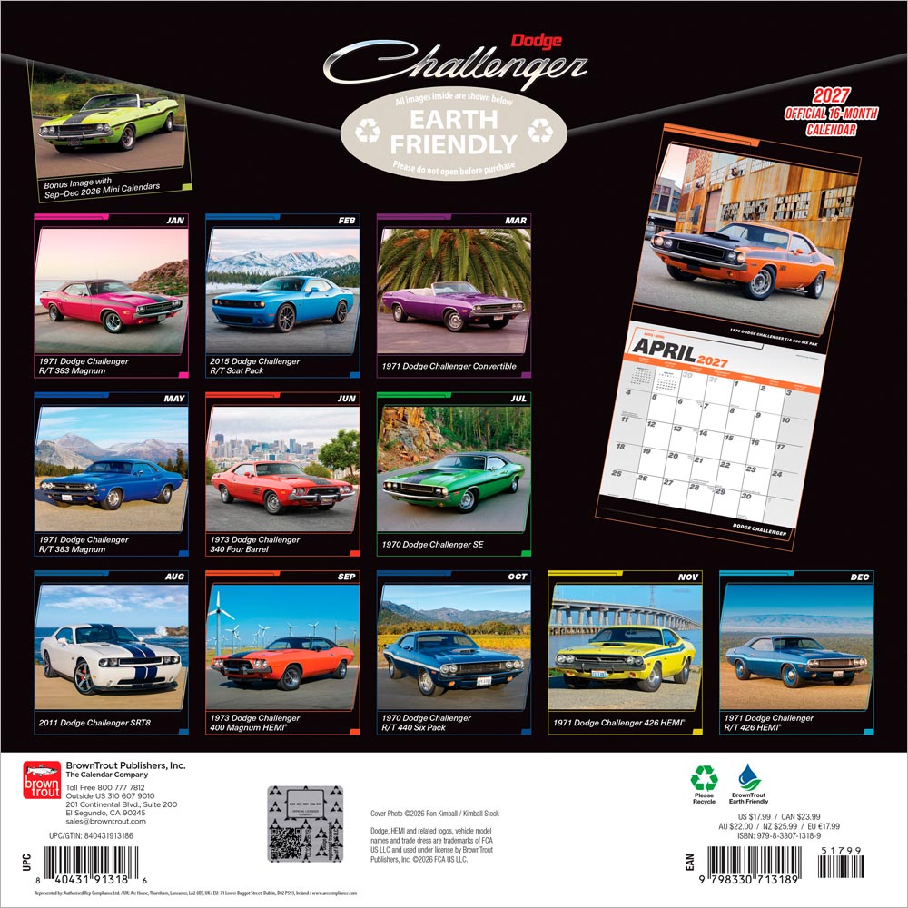 Dodge Challenger OFFICIAL | 2027 12 x 24 Inch (Hanging) Monthly Square Wall Calendar