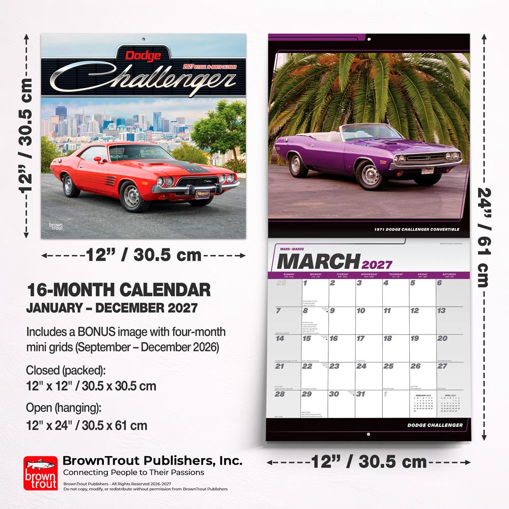 Dodge Challenger OFFICIAL | 2027 12 x 24 Inch (Hanging) Monthly Square Wall Calendar