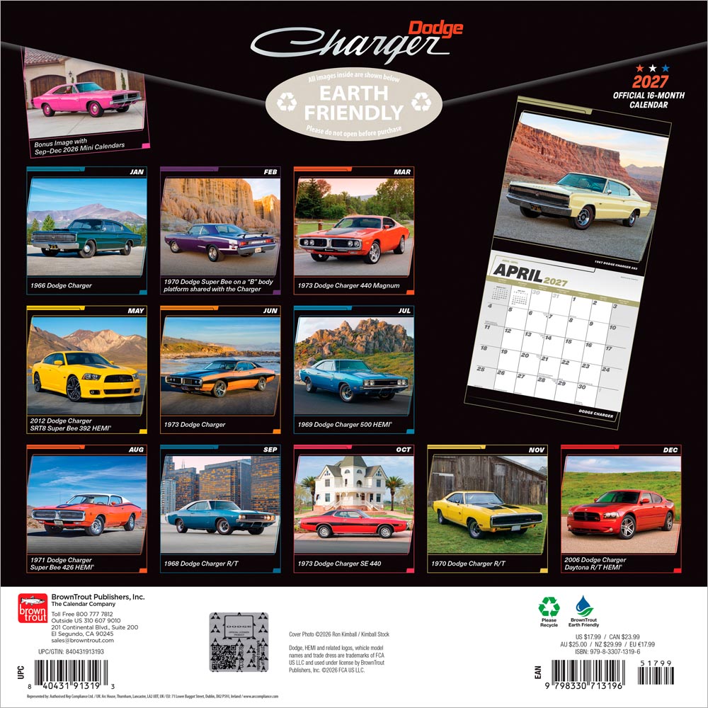 Dodge Charger OFFICIAL | 2027 12 x 24 Inch (Hanging) Monthly Square Wall Calendar | Foil Stamped Cover
