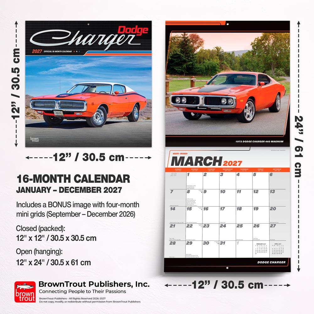 Dodge Charger OFFICIAL | 2027 12 x 24 Inch (Hanging) Monthly Square Wall Calendar | Foil Stamped Cover