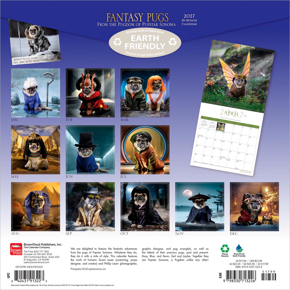 Fantasy Pugs OFFICIAL | 2027 12 x 24 Inch (Hanging) Monthly Square Wall Calendar | Foil Stamped Cover