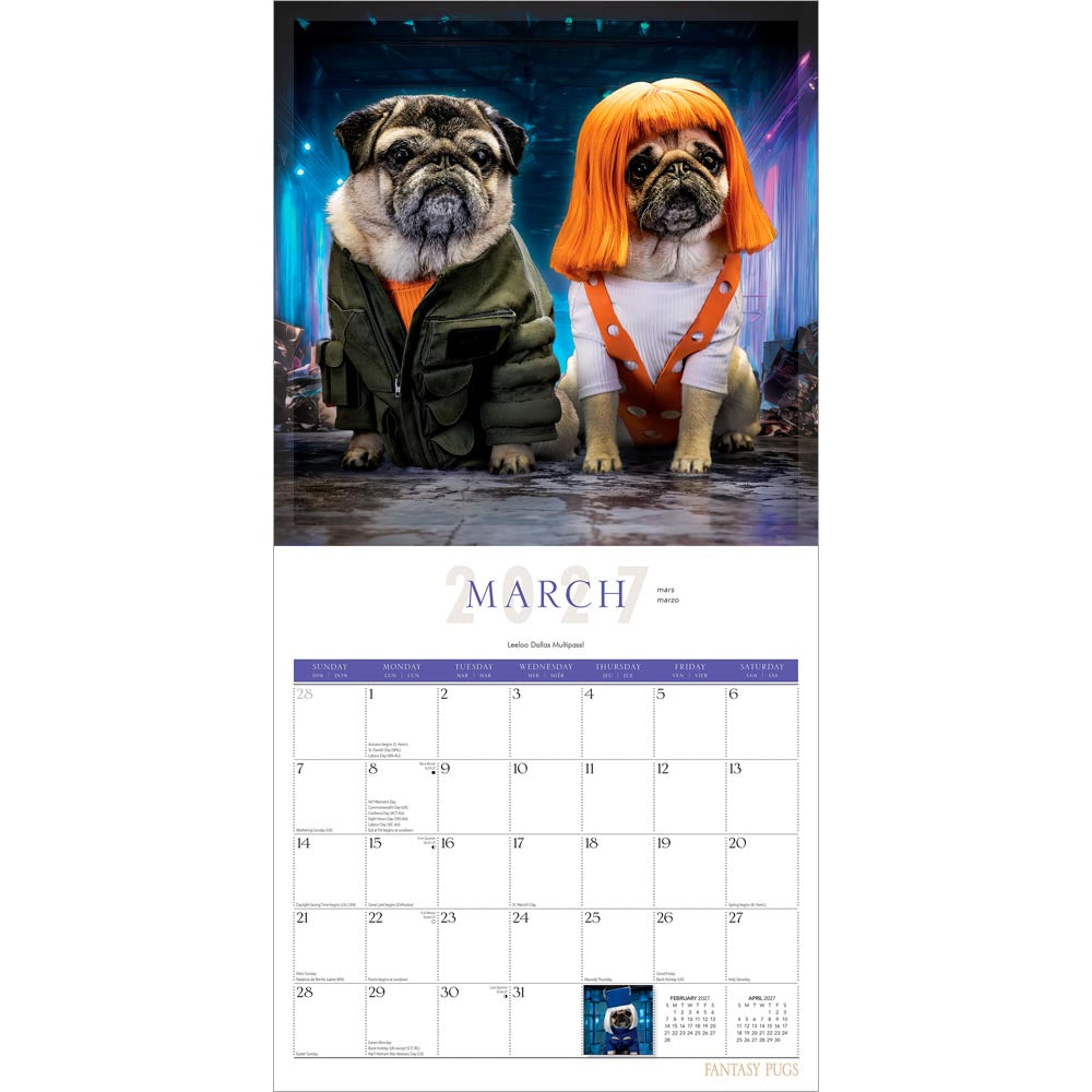 Fantasy Pugs OFFICIAL | 2027 12 x 24 Inch (Hanging) Monthly Square Wall Calendar | Foil Stamped Cover