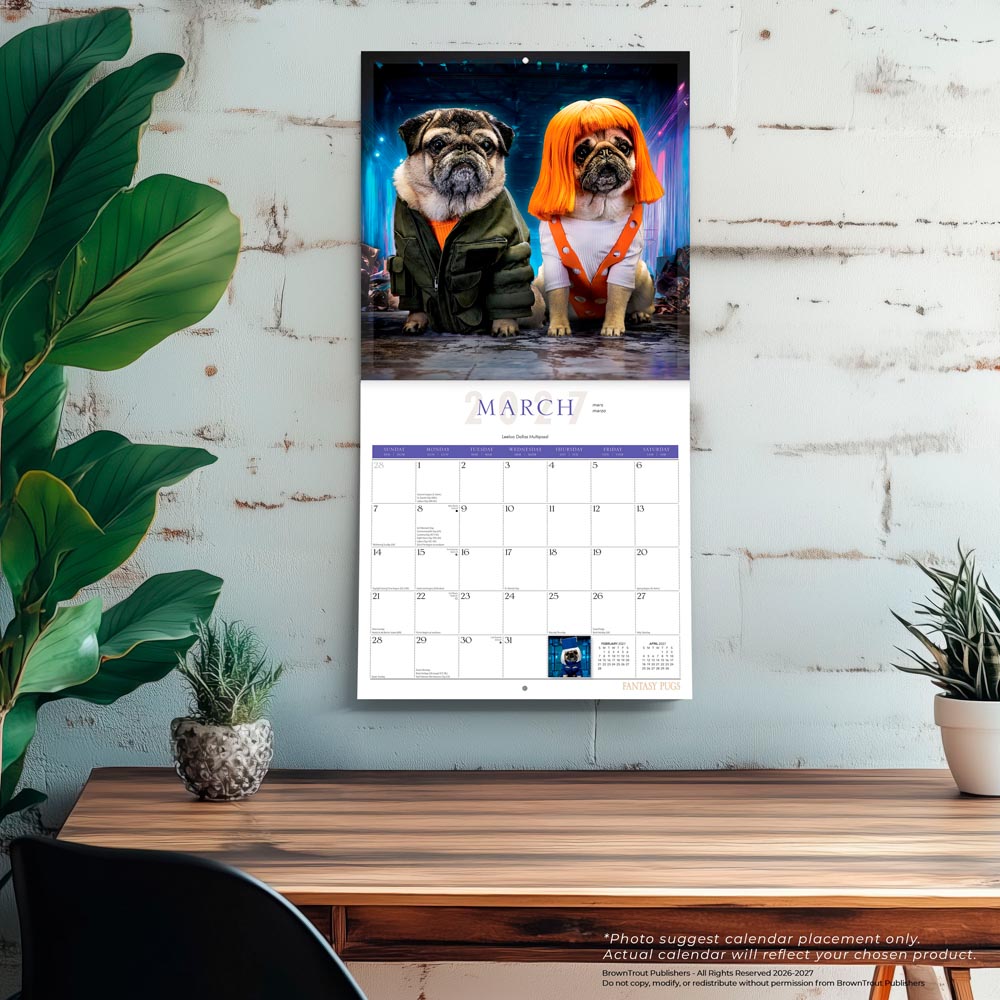 Fantasy Pugs OFFICIAL | 2027 12 x 24 Inch (Hanging) Monthly Square Wall Calendar | Foil Stamped Cover