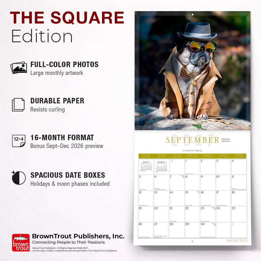 Fantasy Pugs OFFICIAL | 2027 12 x 24 Inch (Hanging) Monthly Square Wall Calendar | Foil Stamped Cover