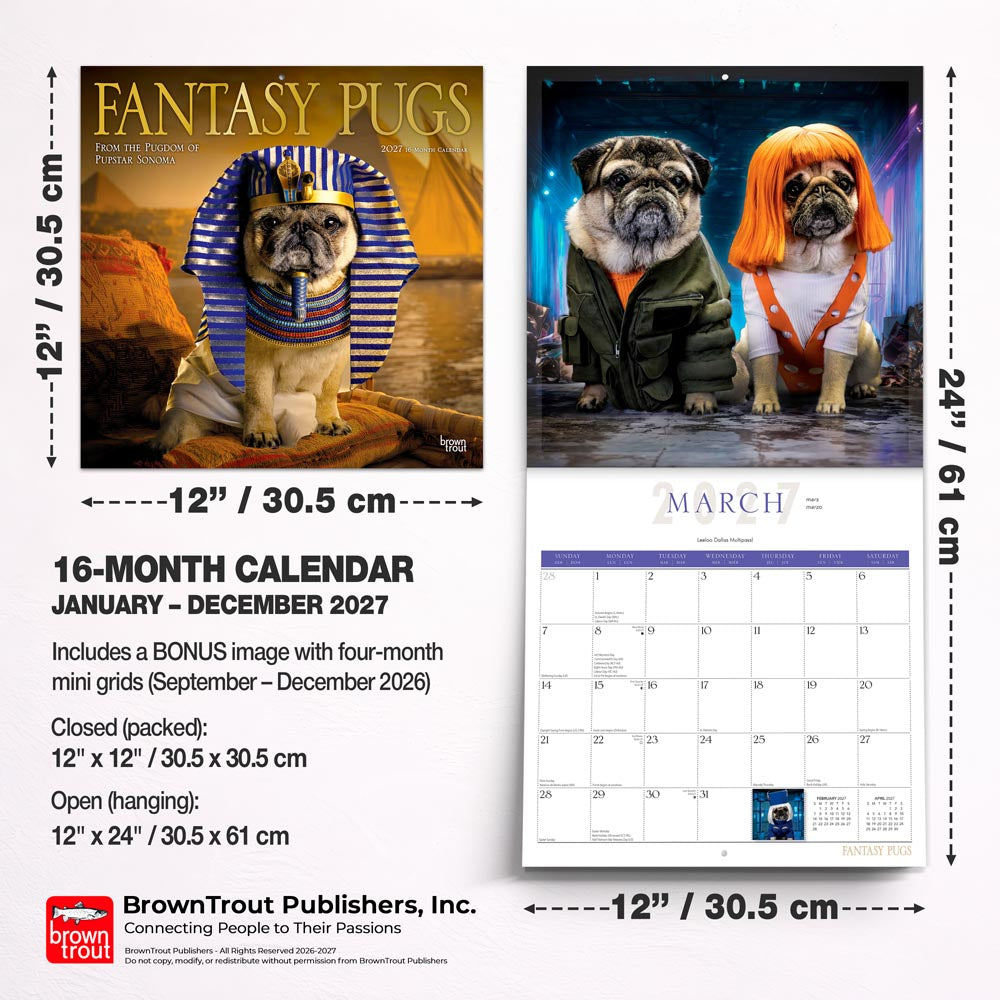 Fantasy Pugs OFFICIAL | 2027 12 x 24 Inch (Hanging) Monthly Square Wall Calendar | Foil Stamped Cover