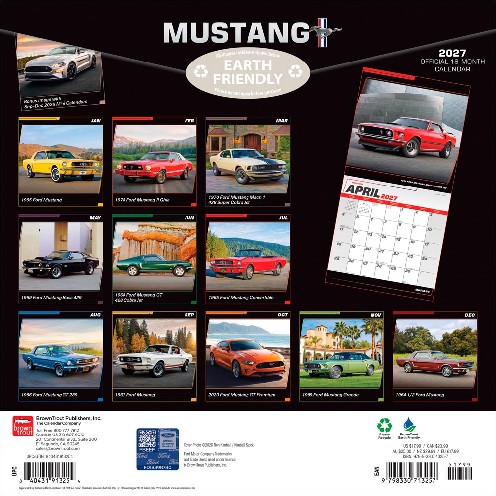 Ford Mustang OFFICIAL | 2027 12 x 24 Inch (Hanging) Monthly Square Wall Calendar | Foil Stamped Cover
