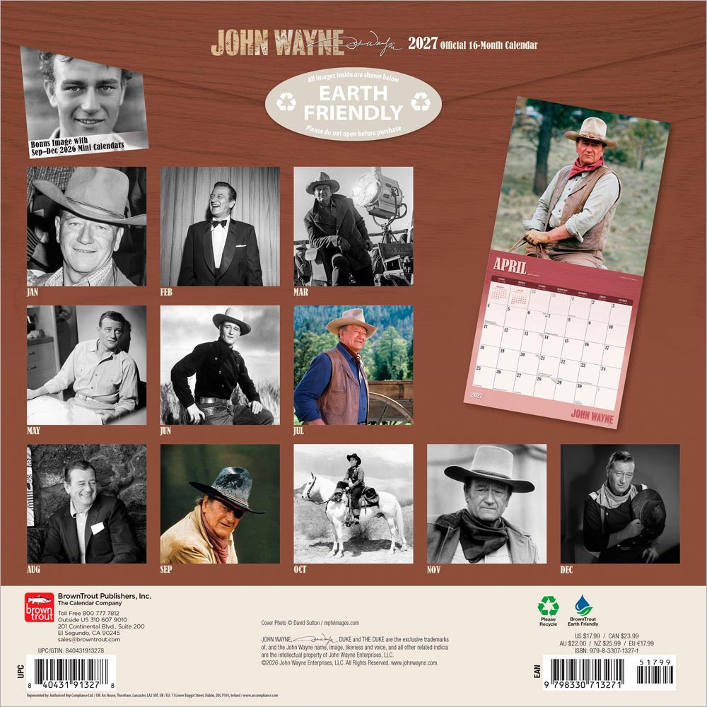 John Wayne OFFICIAL | 2027 12 x 24 Inch (Hanging) Monthly Square Wall Calendar | Foil Stamped Cover