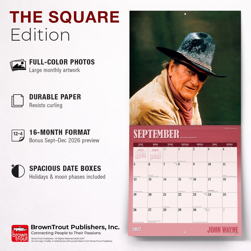 John Wayne OFFICIAL | 2027 12 x 24 Inch (Hanging) Monthly Square Wall Calendar | Foil Stamped Cover
