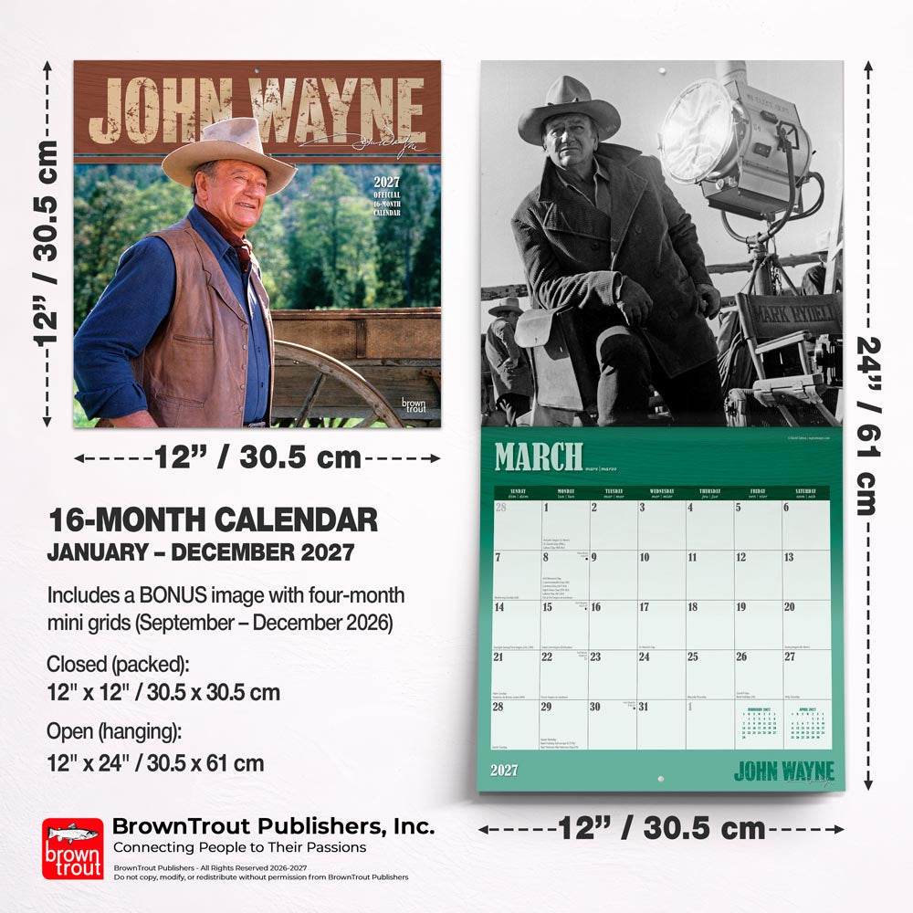 John Wayne OFFICIAL | 2027 12 x 24 Inch (Hanging) Monthly Square Wall Calendar | Foil Stamped Cover