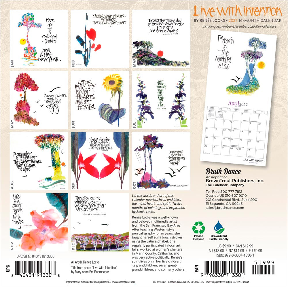 Live with Intention | 2027 7 x 14 Inch (Hanging) Monthly Mini Wall Calendar | Featuring the Artwork of Renee Locks