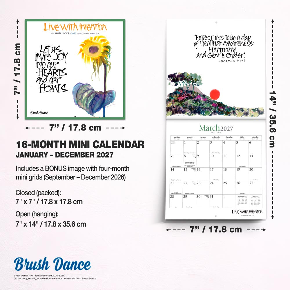 Live with Intention | 2027 7 x 14 Inch (Hanging) Monthly Mini Wall Calendar | Featuring the Artwork of Renee Locks