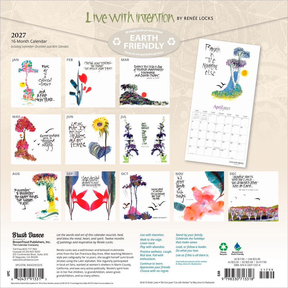 Live with Intention | 2027 12 x 24 Inch (Hanging) Monthly Square Wall Calendar | Featuring the Artwork of Renee Locks