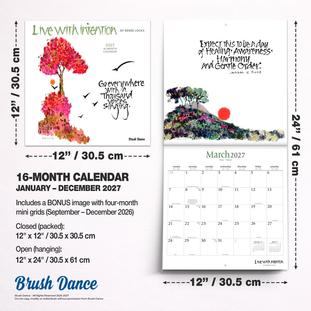 Live with Intention | 2027 12 x 24 Inch (Hanging) Monthly Square Wall Calendar | Featuring the Artwork of Renee Locks