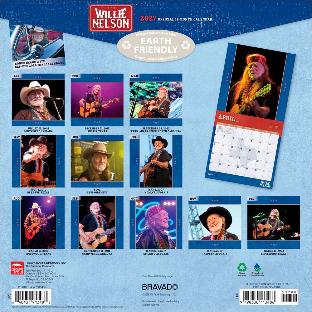Willie Nelson OFFICIAL | 2027 12 x 24 Inch (Hanging) Monthly Square Wall Calendar