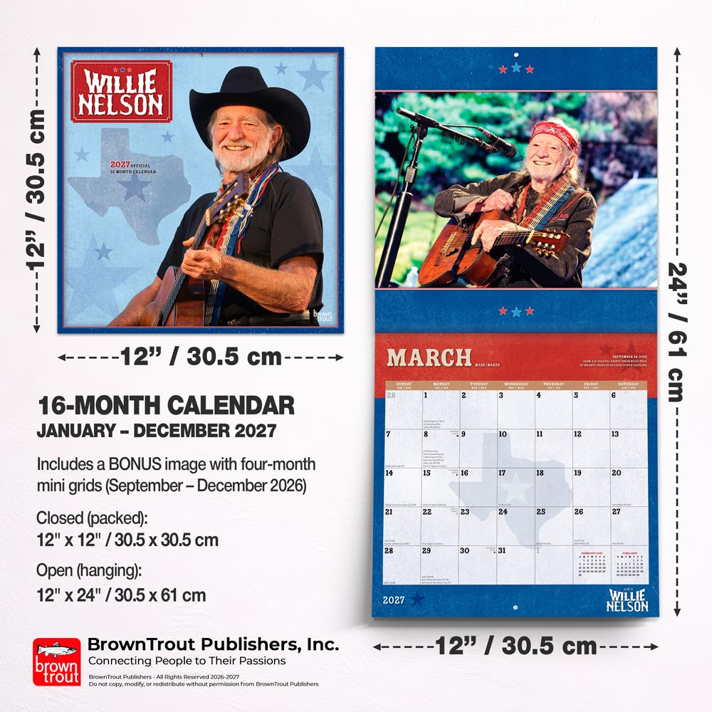 Willie Nelson OFFICIAL | 2027 12 x 24 Inch (Hanging) Monthly Square Wall Calendar