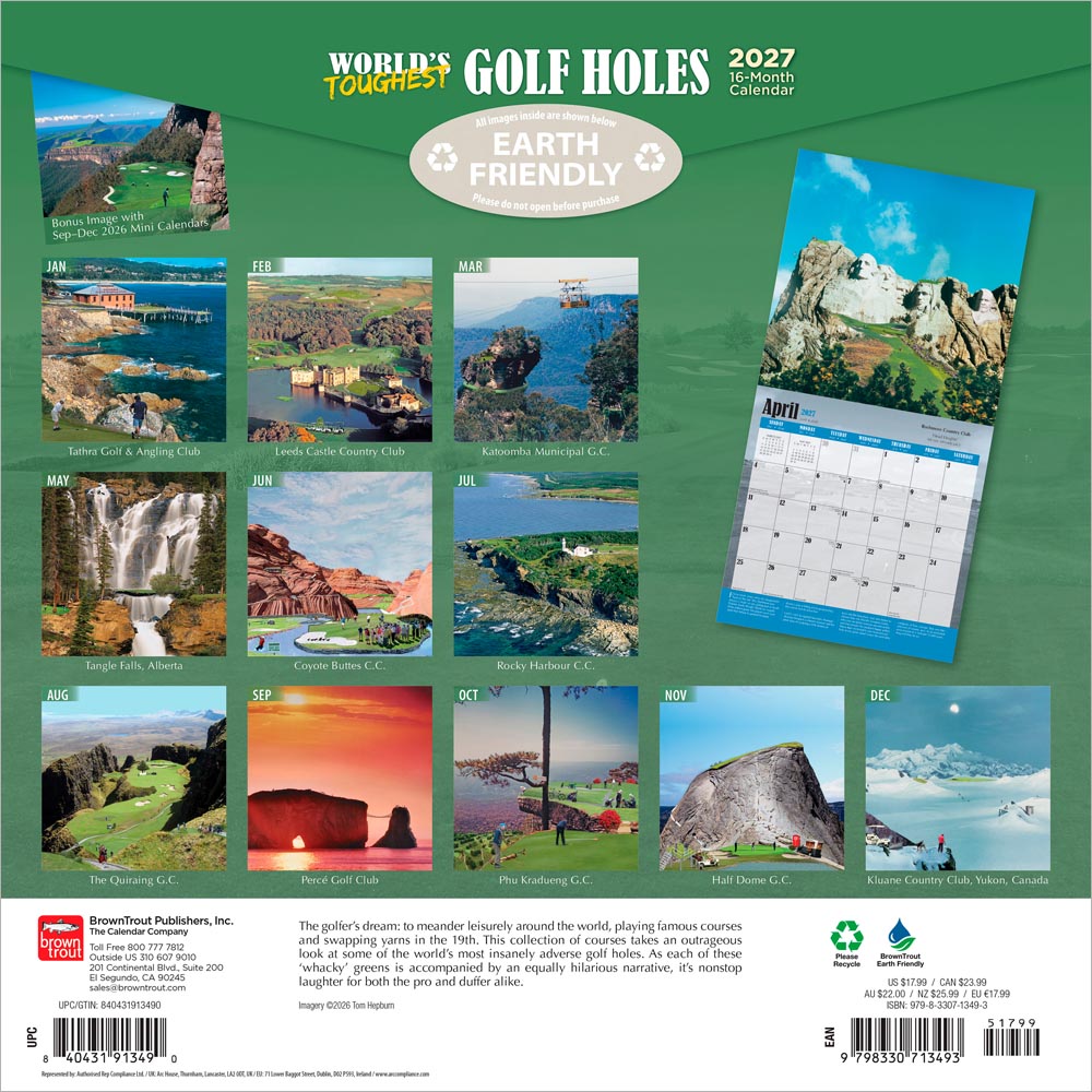 World's Toughest Golf Holes OFFICIAL | 2027 12 x 24 Inch (Hanging) Monthly Square Wall Calendar