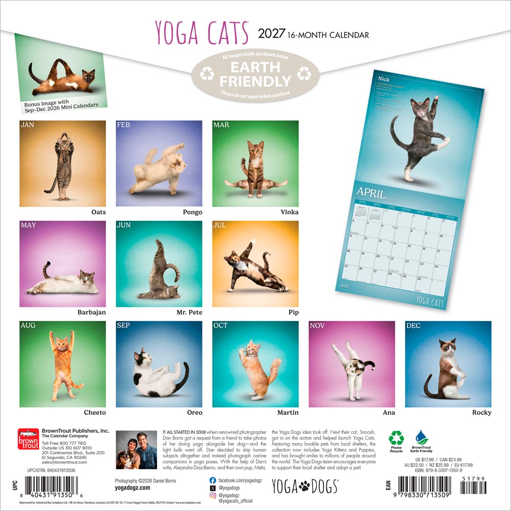 Yoga Cats OFFICIAL | 2027 12 x 24 Inch (Hanging) Monthly Square Wall Calendar
