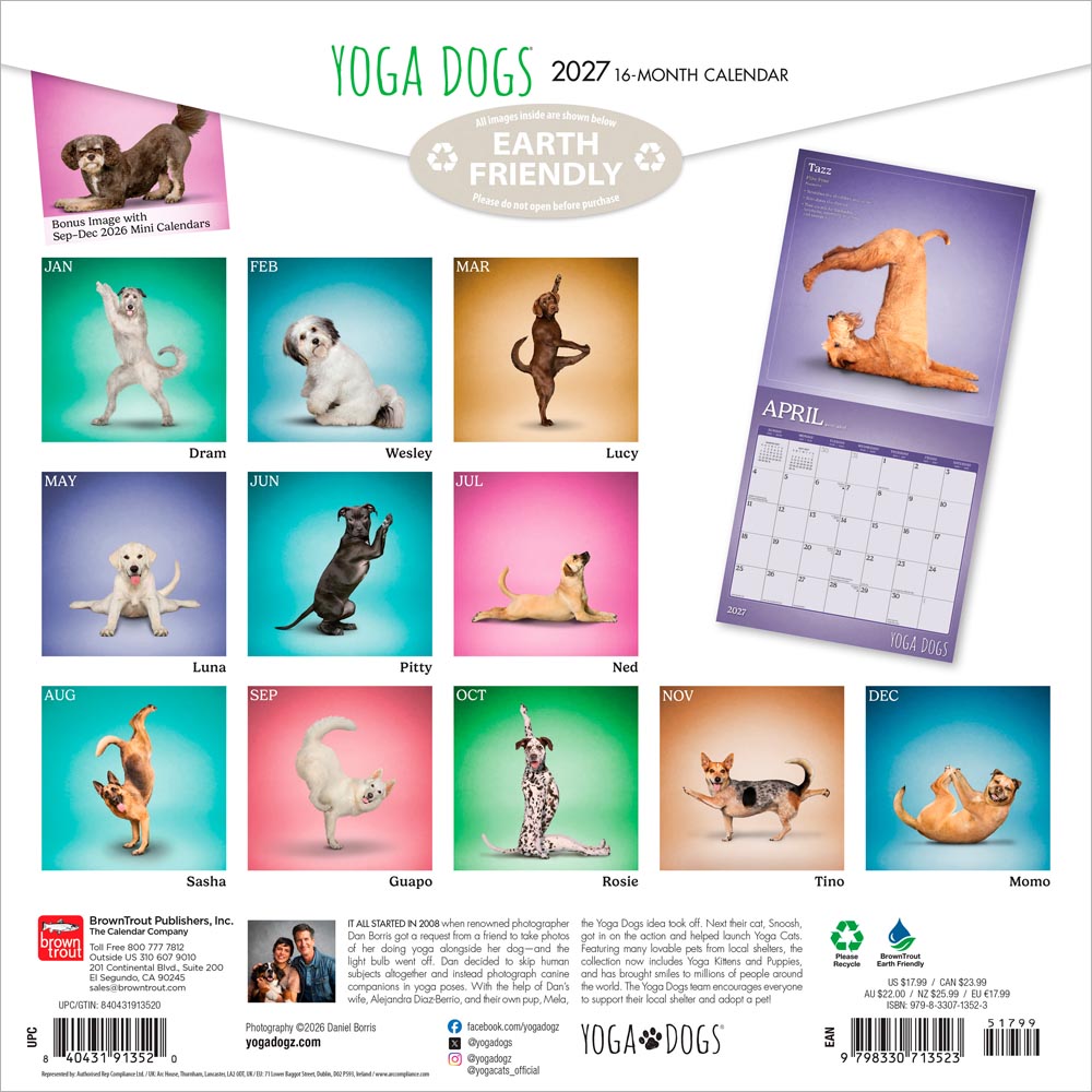 Yoga Dogs OFFICIAL | 2027 12 x 24 Inch (Hanging) Monthly Square Wall Calendar