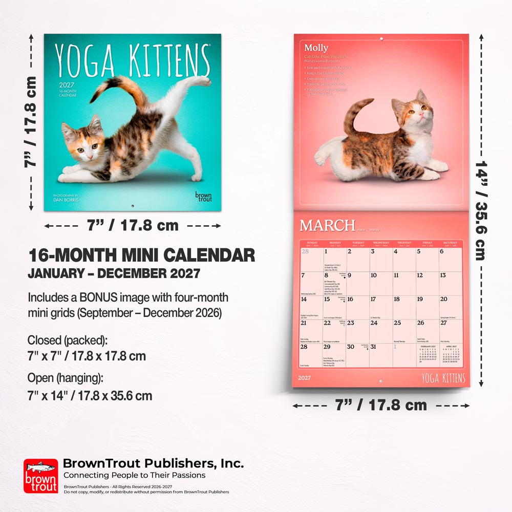 Yoga Kittens OFFICIAL | 2027 7 x 14 Inch (Hanging) Monthly Mini Wall Calendar