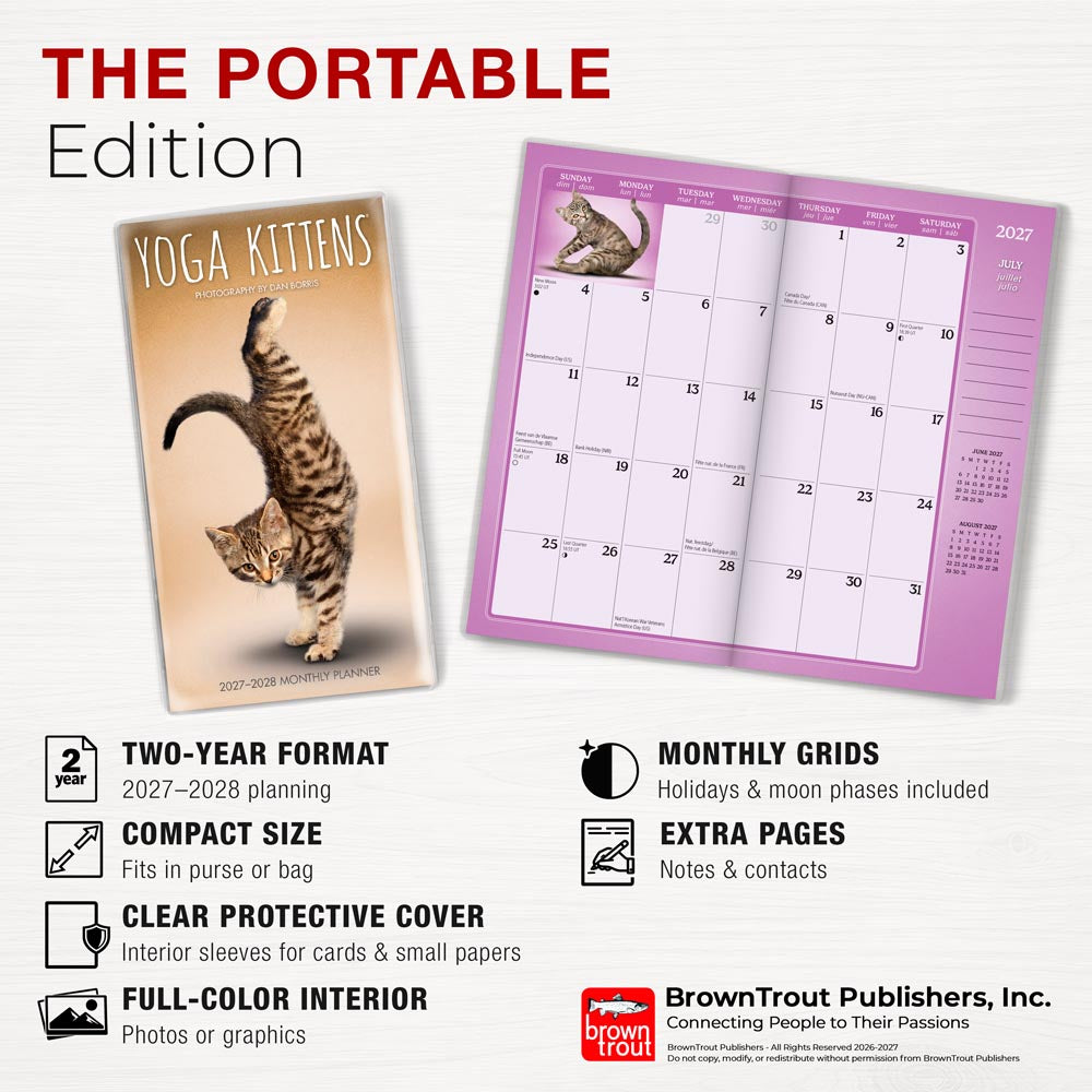 Yoga Kittens OFFICIAL | 2027-2028 3.5 x 6.5 Inch Two Year Monthly Pocket Planner Calendar